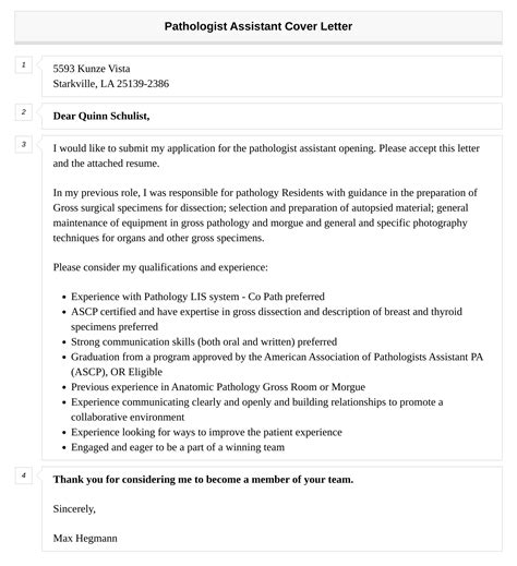 Pathologist Assistant Cover Letter | Velvet Jobs
