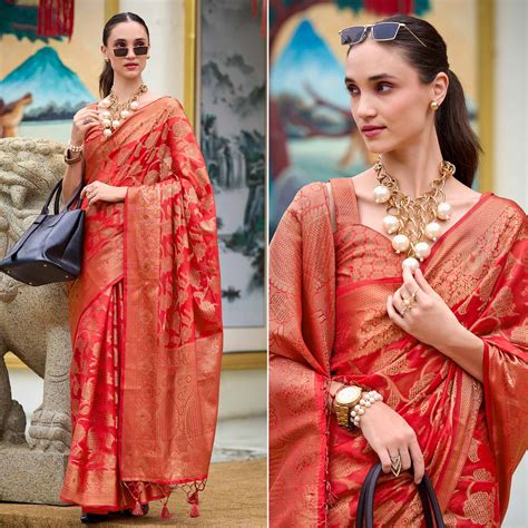 Red Floral Motifs Woven Organza Saree