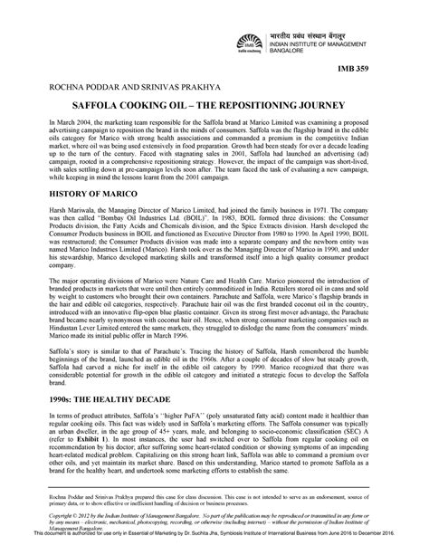 Saffola - IMB 359 Rochna Poddar and Srinivas Prakhya prepared this case ...