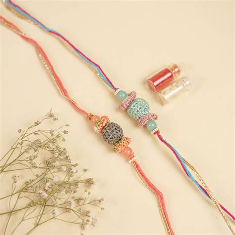 Buy Handmade Crochet Round Bead Embellished Rakhi With Roli Chawal For ...
