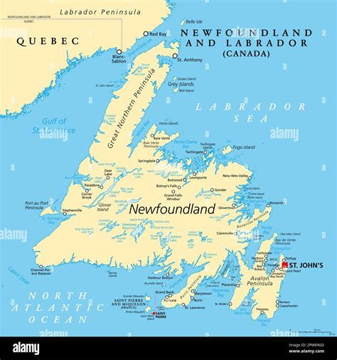 Island of Newfoundland, political map, part of Newfoundland and Labrador Stock Vector Image ...