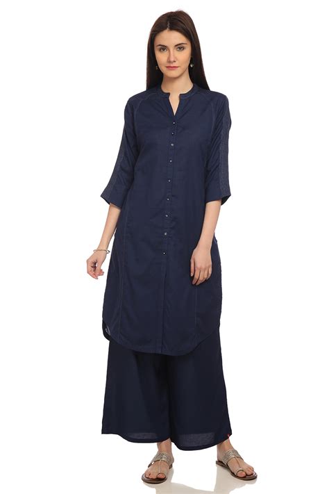 Navy Blue Front Open Cotton And Flax Solid Kurta at Biba India