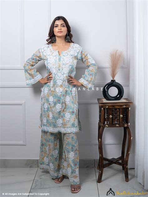 Tarz Mulmul Chikankari Kurta Garara Set – Blue | The Chikan Label