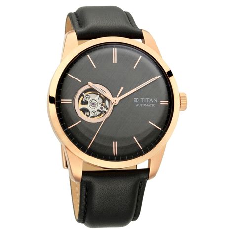 Buy Online Titan Automatic Open Heart Black Dial Black Leather Strap ...