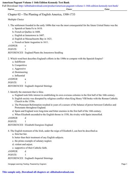 American Pageant Volume 1 16th Edition Kennedy Test Bank | PDF