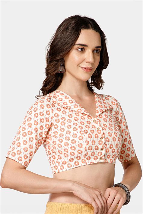 Elbow Sleeve Jaipur Printed Cotton Blouse with Lapel Collar for Women ...