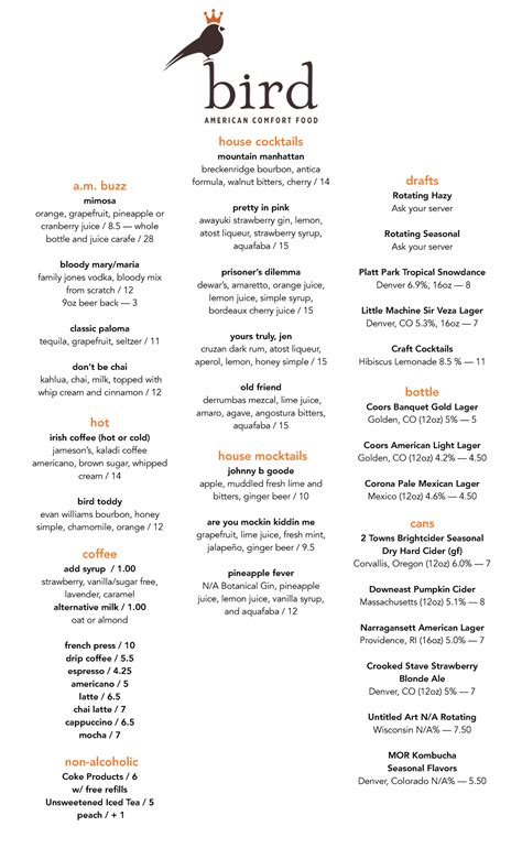 Bird-drink-menu - Menu - a. buzz mimosa orange, grapefruit, pineapple ...