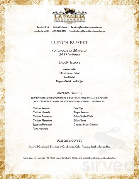 La Familia menu in Taunton, Massachusetts, USA