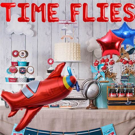 Buy Vetwo Time Flies Balloons Red Airplane Birthday Party Banner ...