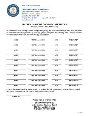 2020-2026 RI Alcohol Support Documentation Form - Blank Fillable ...
