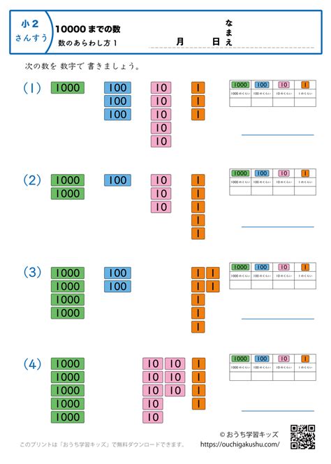 10000までの数｜数の表し方1｜算数プリント｜練習問題｜小学2年生 | 無料プリント教材｜おうち学習キッズ