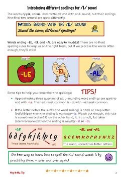 Words ending '-LE', '-EL', and '-AL'. One sound, different spellings.