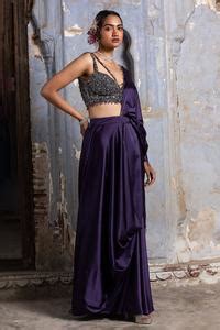 Buy Purple Net, Satin Sequins, Beads, Crystals Draped Saree With Cutout ...
