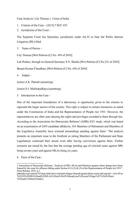 Case Analysis Lily Thomas v. UOI - Case Analysis- Lily Thomas v. Union ...