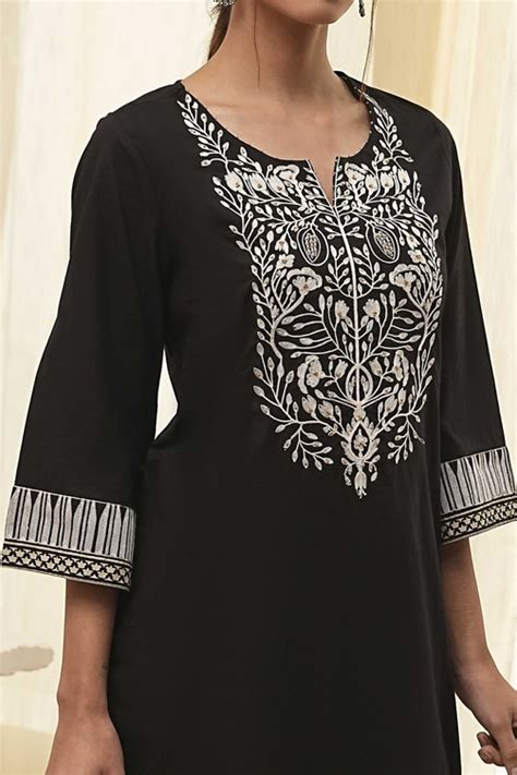 Buy Black Pure Cotton Embroidered Straight Kurta Online at Biba India