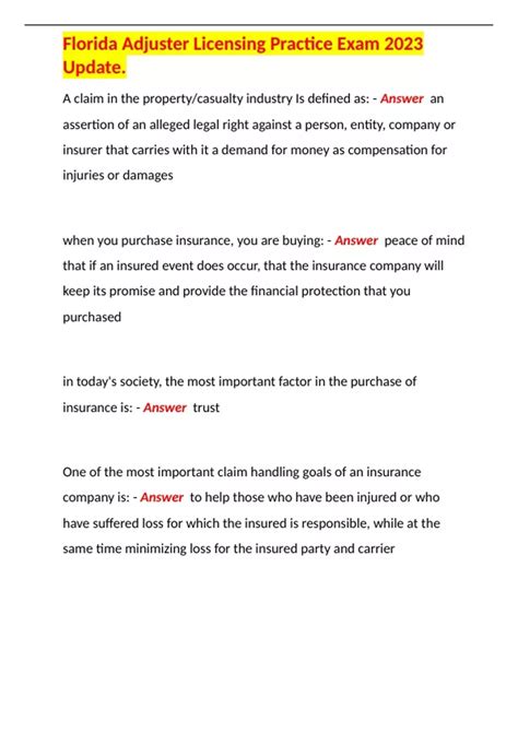 Florida Adjuster Licensing Practice Exam 2023 Update. - Florida ...