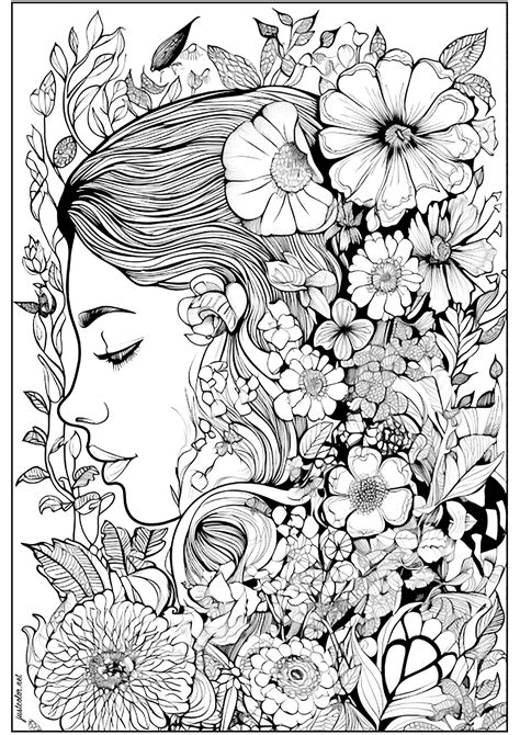 Face of a pensive woman, surrounded by flowers - Flowers & vegetation Coloring Pages for adults