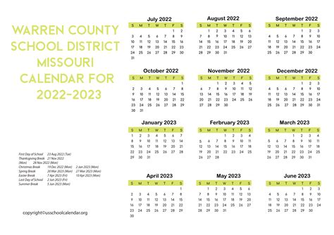 Warren County School District Missouri Calendar for 2022-2023