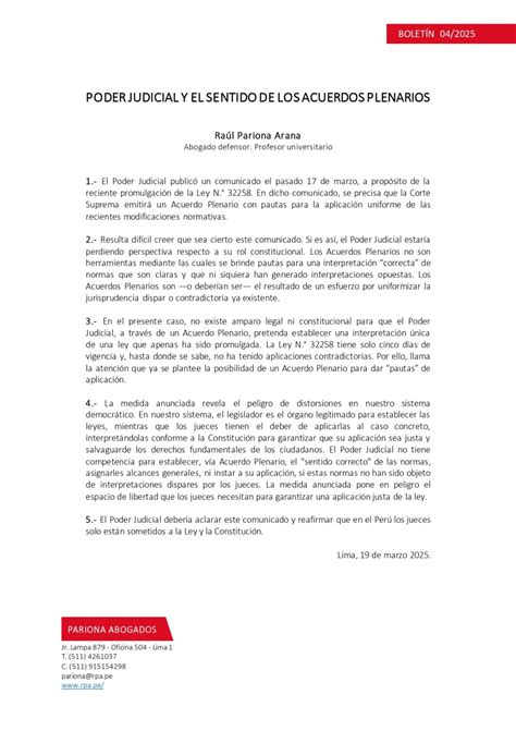PODER JUDICIAL Y EL SENTIDO DE LOS ACUERDOS PLENARIOS | Pariona Abogados