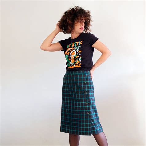 80s 1970s plaid wool skirt, vintage high waist straight skirt, wrap ...