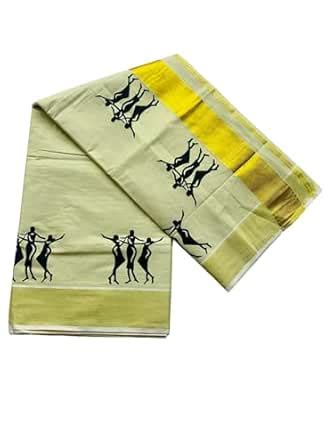 Buy ALLUVY Kuthampully Kerala Kasavu Saree Tissue Mural Painted ...