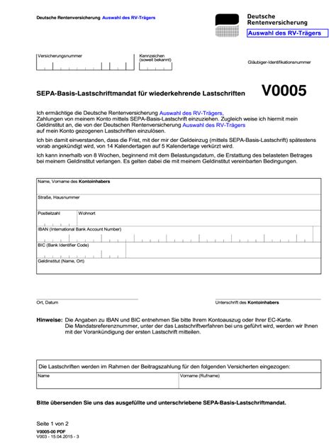 2015-2026 Formular Deutsche Rentenversicherung V0005 - Leere ...