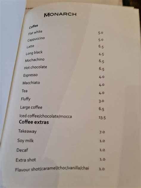 Menu at The Monarch cafe, Pukekohe