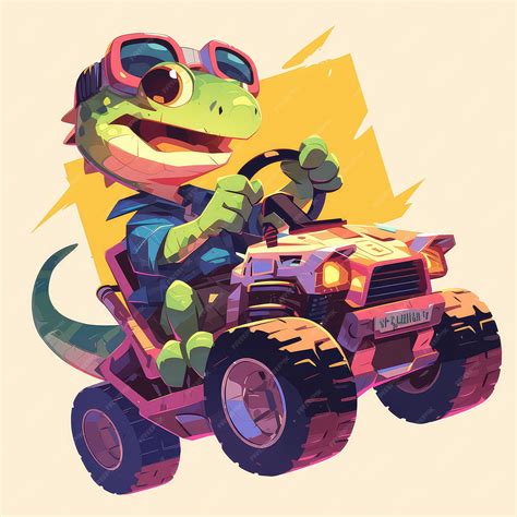 Premium Vector | A lizard driving a remote controlled car cartoon style