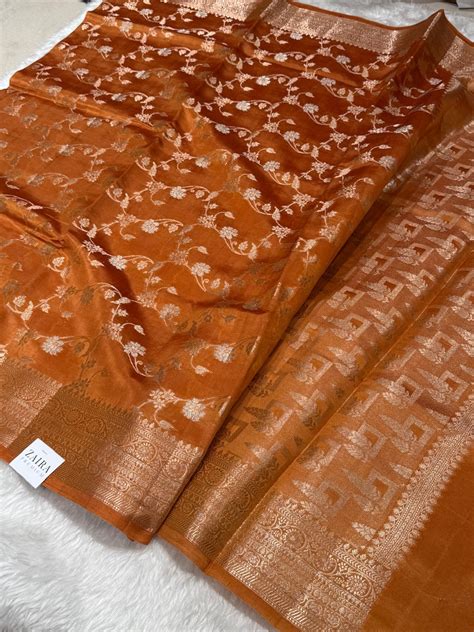 Rust Banarasi Jaal Pure Caramel Silk Saree – ZAIRA
