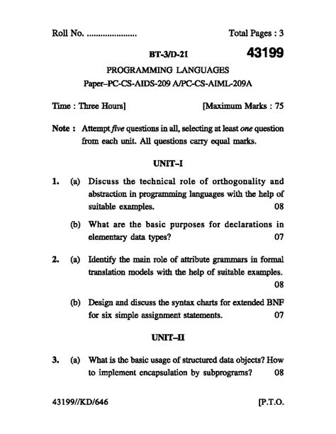 PL D-21 - dfd - Roll No. Total Pages : 3 43199 PROGRAMMING LANGUAGES ...