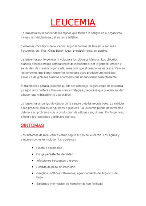 Leucemia - ........................ - LEUCEMIA La leucemia es el cáncer de los tejidos que ...