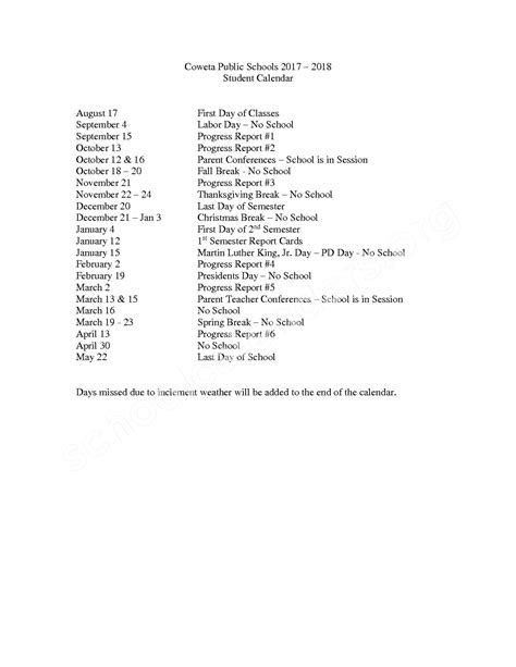 2017 - 2018 School Calendar | Coweta Public Schools - Coweta, OK
