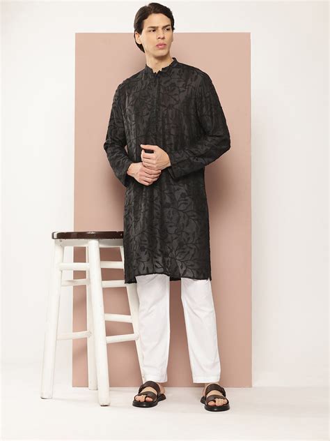 Men's Black Chanderi Silk Embroidered Kurta, Paired with Pyjama – See ...