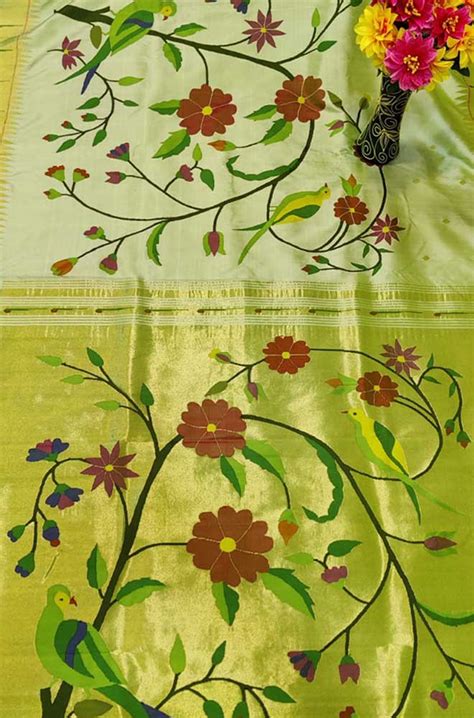 Green Handloom Paithani Pure Silk Bird And Floral Design Saree ...