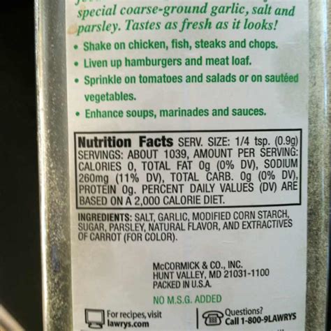 Lawry's Seasoned Salt Nutrition Information at Joan Currie blog