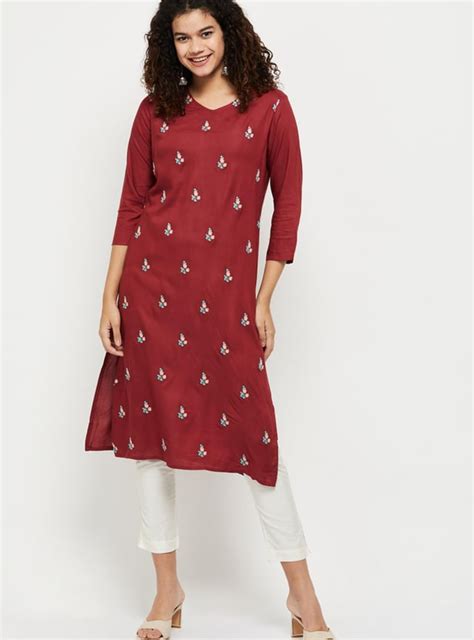 Buy Women Floral Embroidered V-neck Straight Kurta Online at just Rs ...