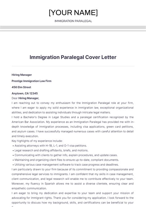 Free Immigration Paralegal Cover Letter Template to Edit Online