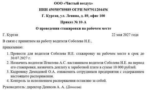 Приказ о проведении стажировки на рабочем месте. Образец и бланк 2025 года.