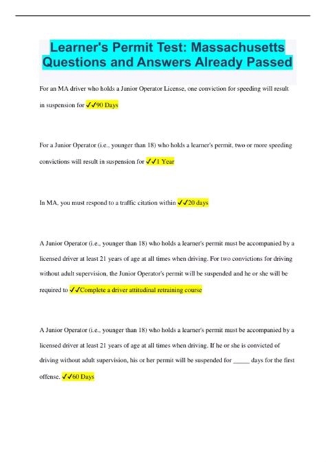 Learner's Permit Test: Massachusetts Questions and Answers RATED A+ ...