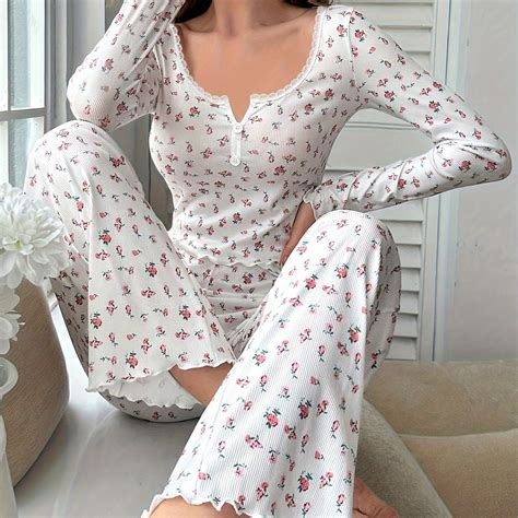 Casual Ditsy Floral Print Ribbed Pajama Set, Lettuce Trim Long Sleeve ...