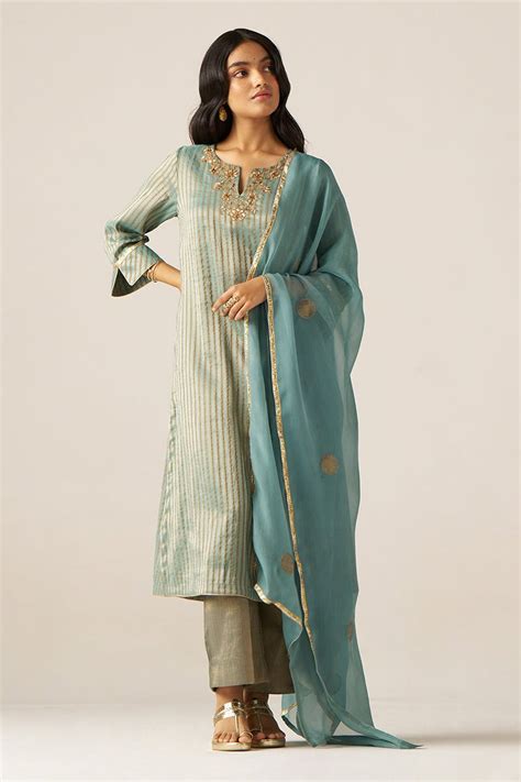 Mineral Blue Woven Tissue Festive Kurta Set - Ganga Fashions