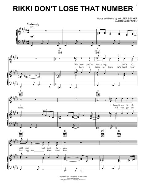 Steely Dan 'Rikki Don't Lose That Number' Sheet Music: Download ...