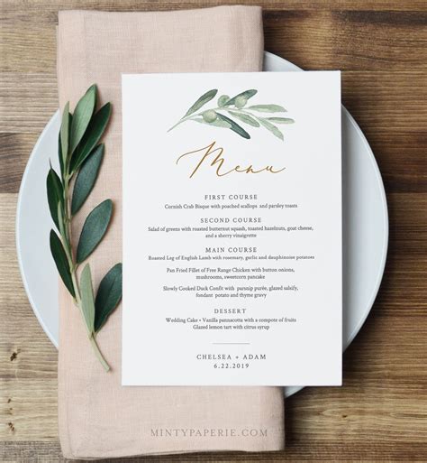 Wedding Menu Card Template Watercolor Olive Greenery & Gold | Etsy