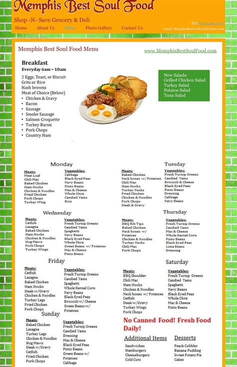 Menu at Memphis Best Soul Food restaurant, Memphis
