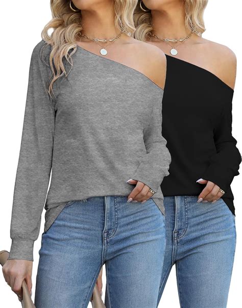 Ficerd 2 Pack Women's Off the Shoulder Tops, Long Sleeve Off Shoulder ...