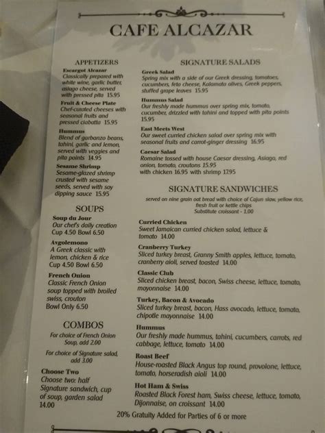 Menu at Café Alcazar cafe, St. Augustine