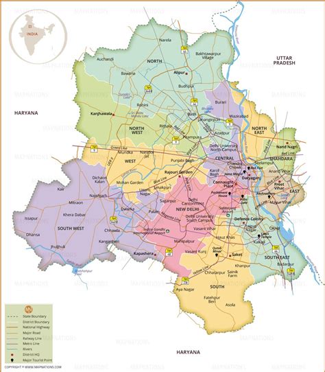Map of Delhi Districts with Roads, Metro Lines and Tourist Spots ...