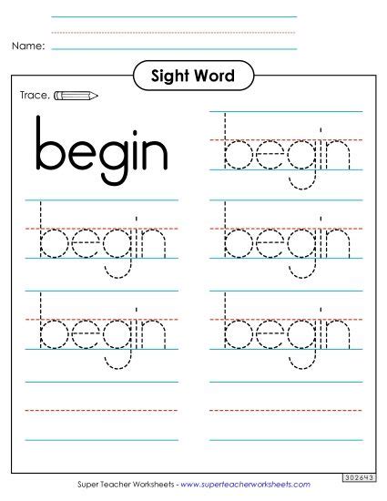 Trace the Word: Begin Printable Sight Words Individual Tracing PDF ...