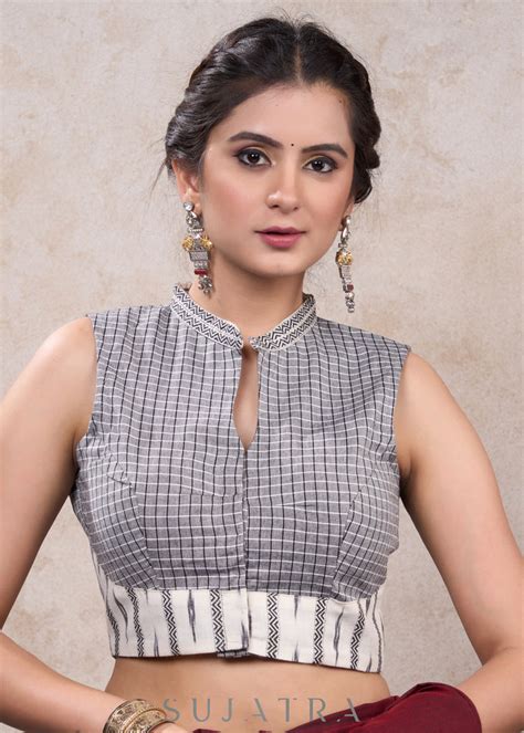 Stylish grey cotton checkered blouse with mandarin collar & ikat combi ...