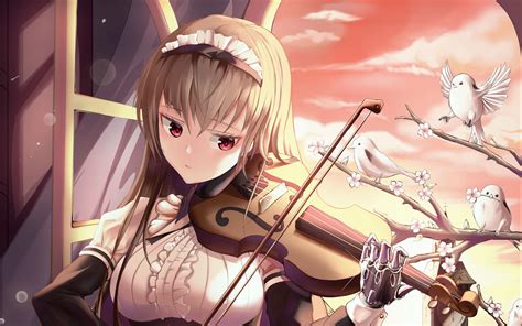 Download wallpaper 1920x1200 girl, maid, violin, birds, anime, art ...